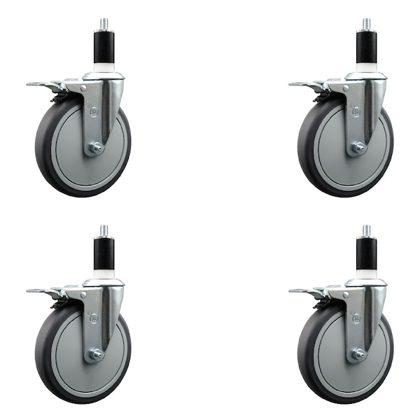 6'' Thermoplastic Rubber Swivel 1-3/8'' Expanding Stem Caster Set Total Lock Brake, 4PK
